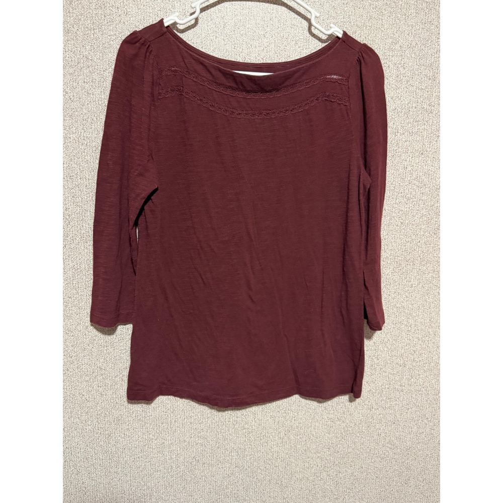 Ann Taylor LOFT Womens Burgundy Lace Trim Boat Neck 3/4 Sleeve‎ Slub Knit Top M